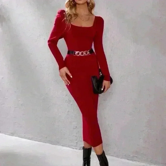 NWT Modely Puff Sleeve Knit Dress Without Belt Burgundy L-XL - Picture 4 of 5